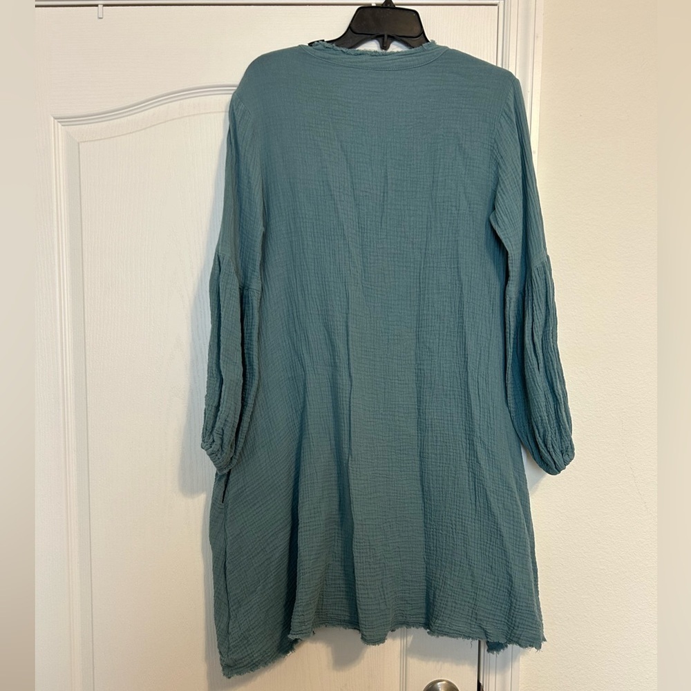 Cotton Buttons Gauzy Oversized Pockets Lantern Sleeve Frayed Edge Dress Size S - Picture 2 of 4